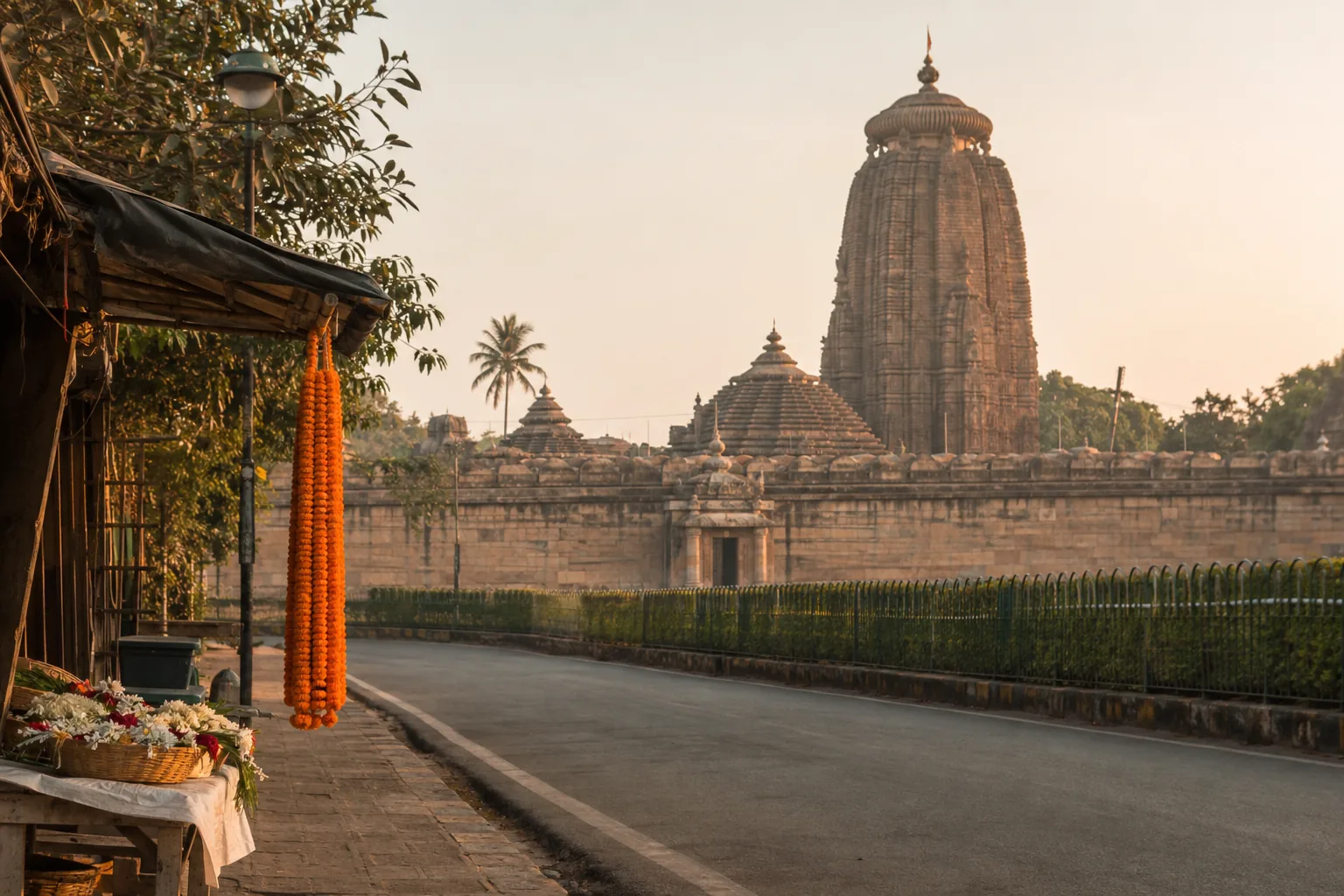Lingaraja Temple in Bhubaneswar at golden hour, marigold garlands in the foreground