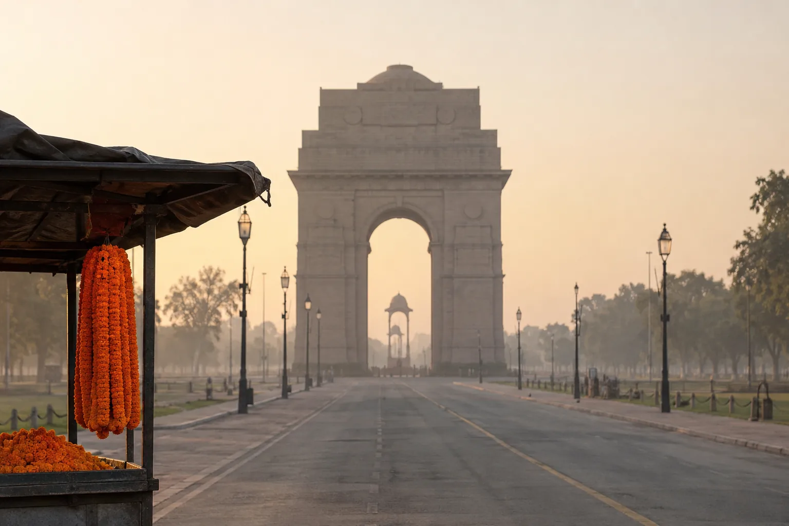 India Gate in Delhi at dawn, a marigold stall in the foreground