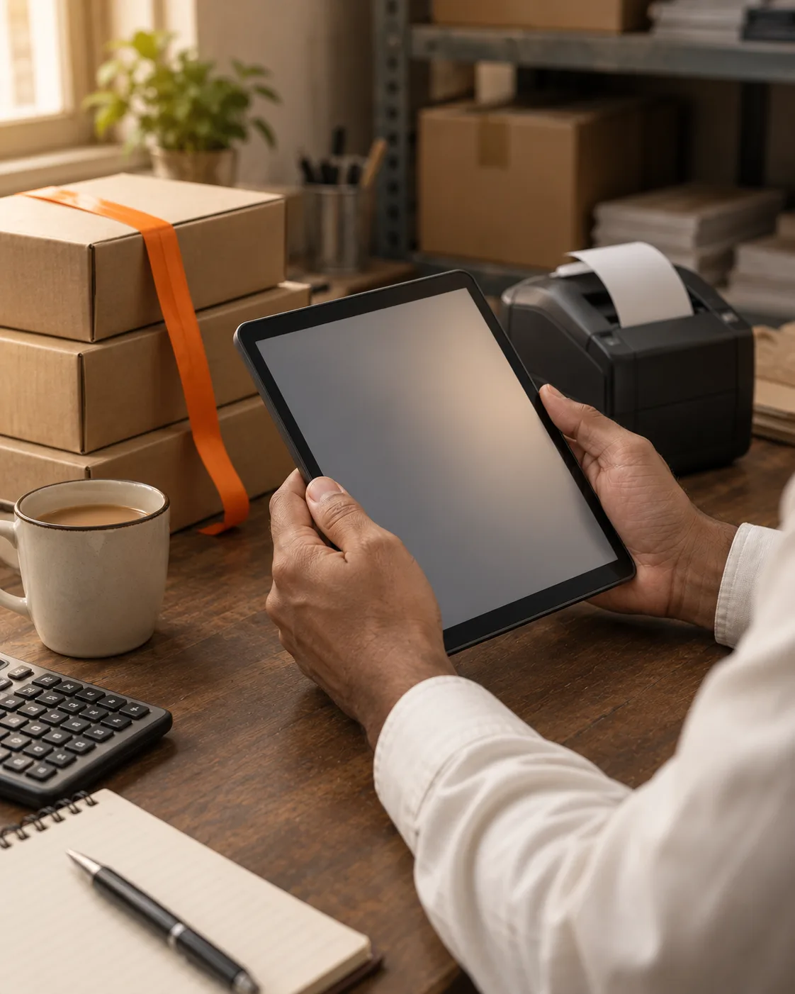 Tablet held at a shop back-office desk