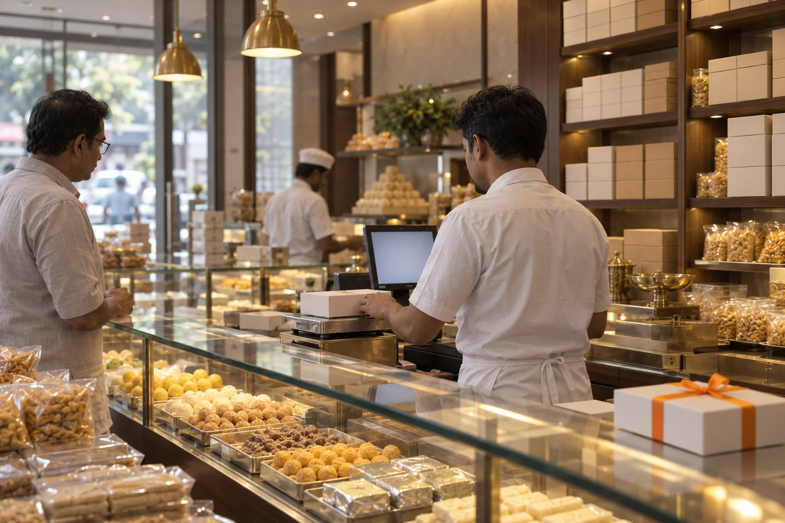 Store assistant at a counter terminal in a snacks shop