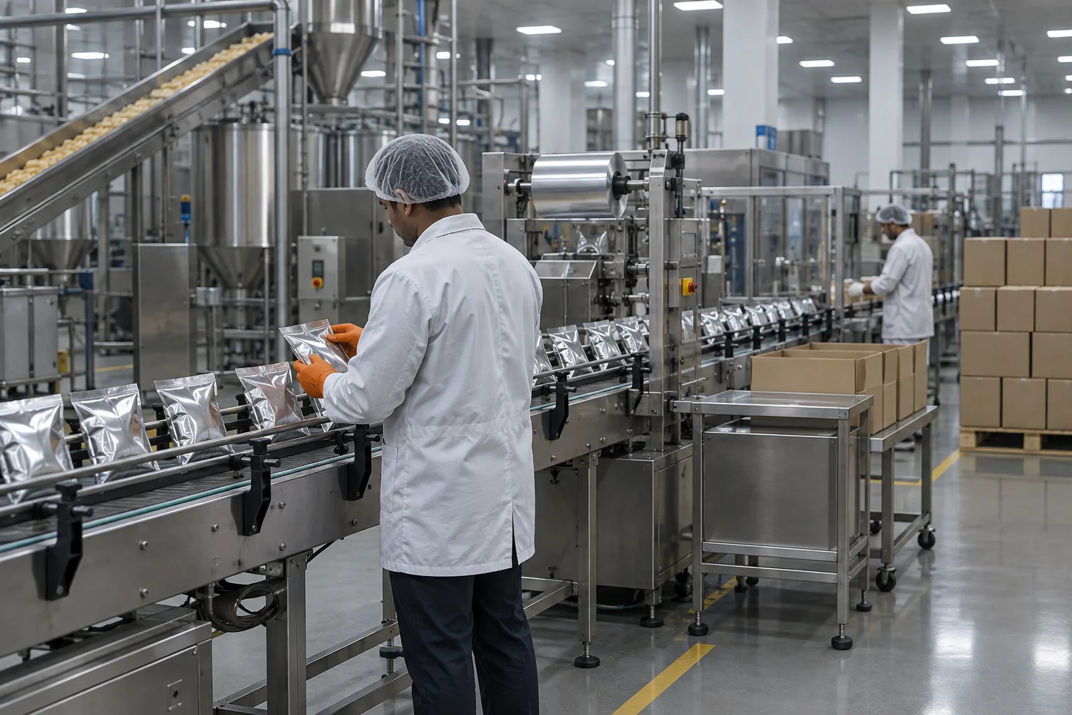 Operator checking foil packets on a snacks-factory conveyor