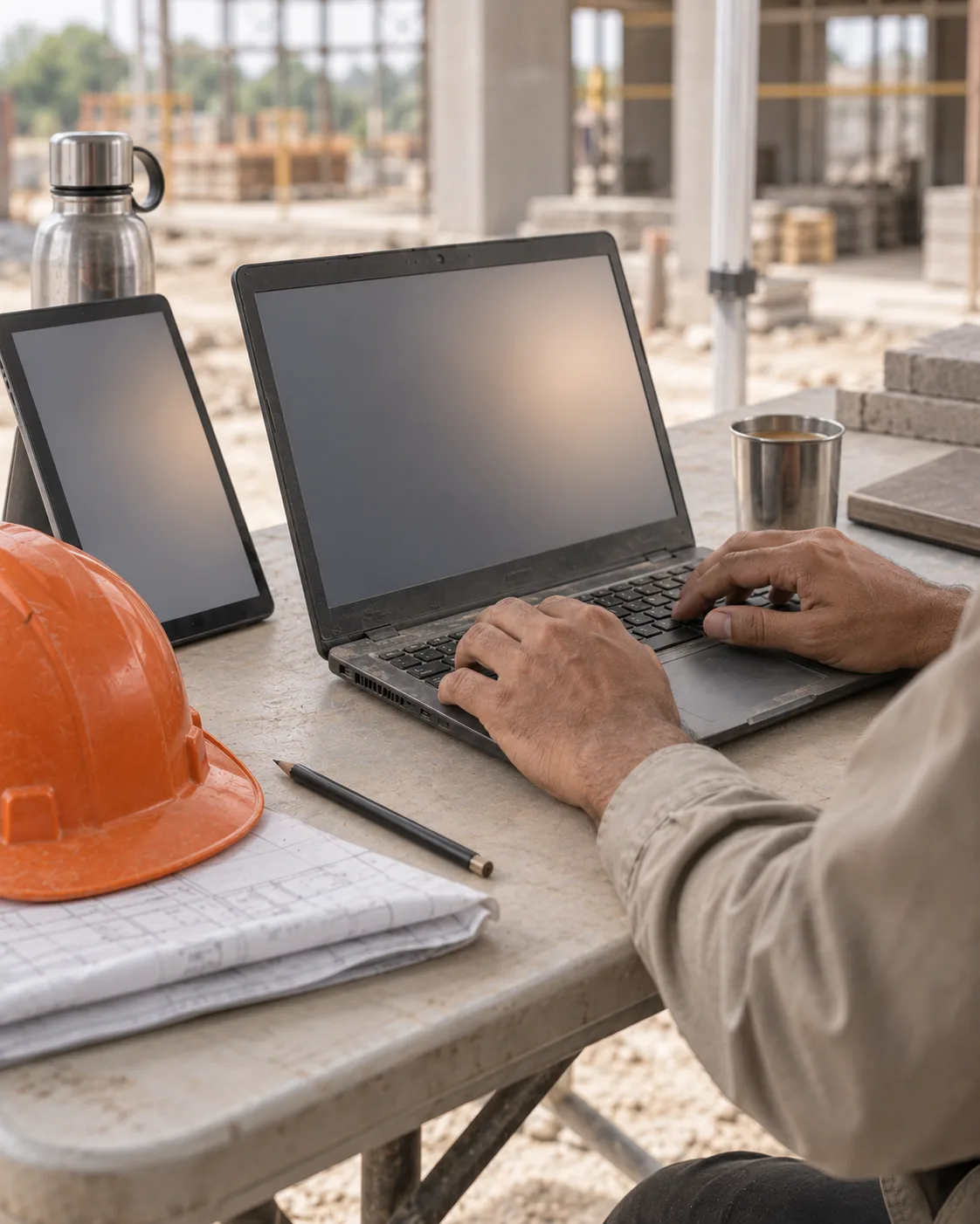 Laptop and tablet on a folding table at a construction site