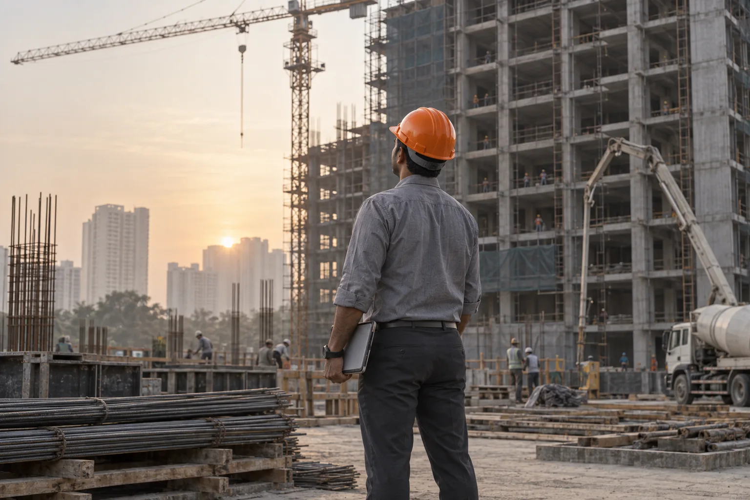 Site engineer looking up at a part-built residential tower