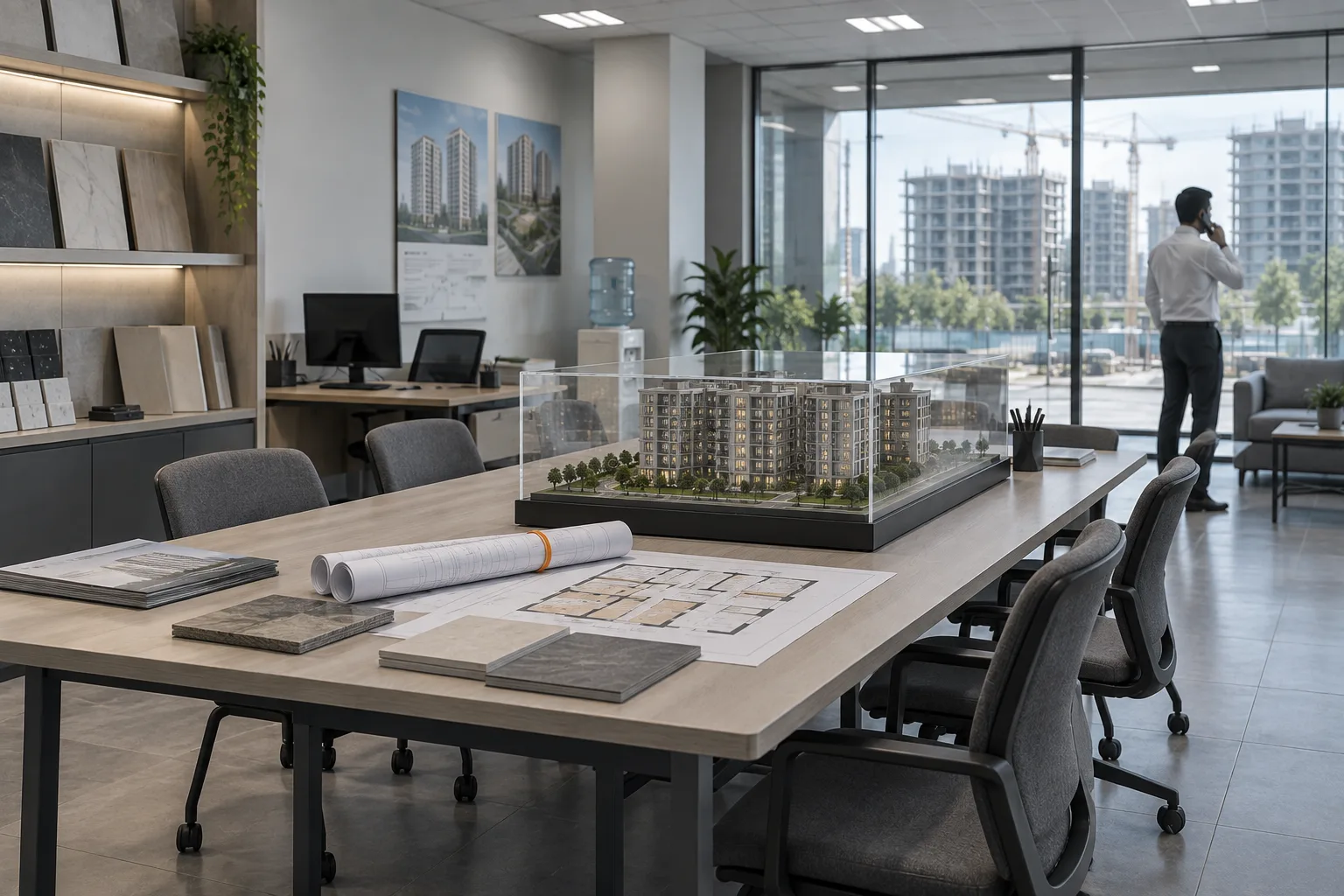 Project sales office with a scale model of an apartment block