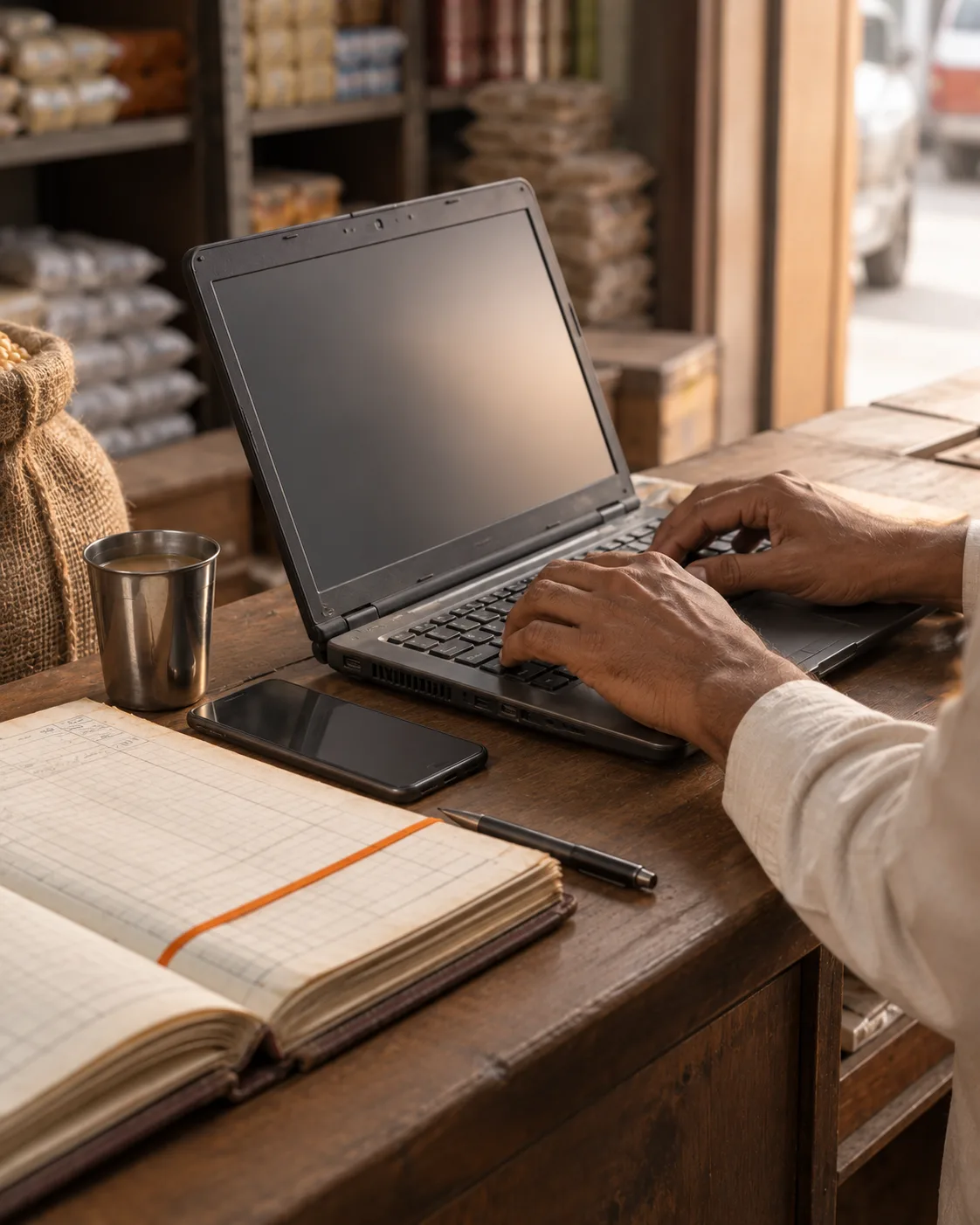 Older laptop on a wooden shop counter