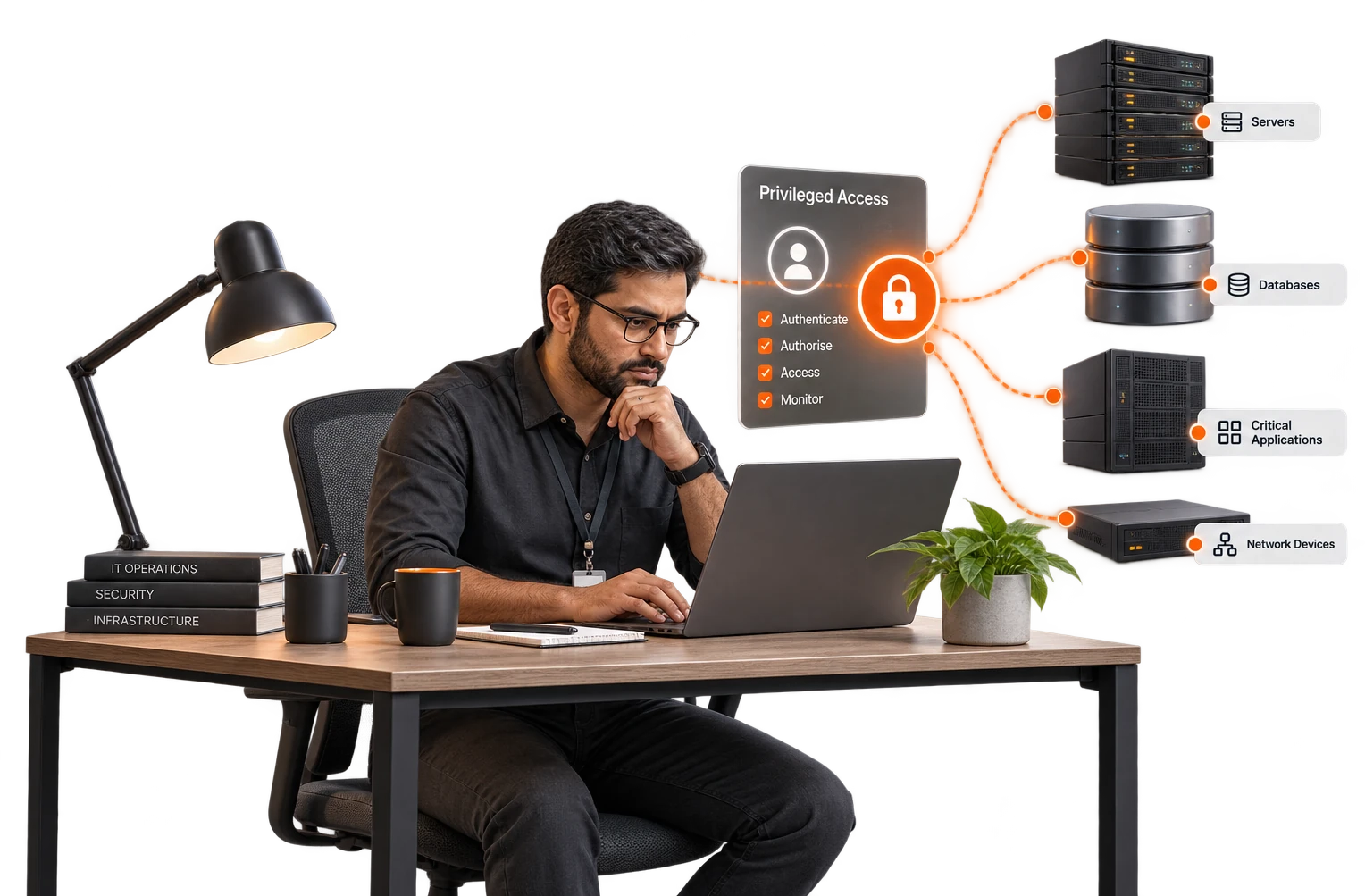 An administrator at a laptop with a privileged access panel in front of him, authenticate, authorise, access and monitor, reaching servers, databases, critical applications and network devices.